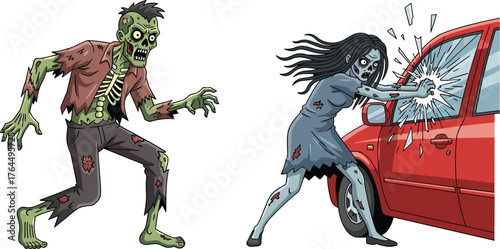 Zombie man attacking, undead woman breaking car window, horror apocalypse scene illustration, creepy undead attack on vehicle, scary zombie destruction artwork