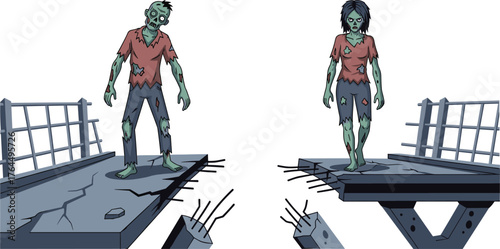 Zombie man and woman standing on broken concrete bridge, scary undead characters illustration, horror apocalypse artwork, Halloween creepy concept design
