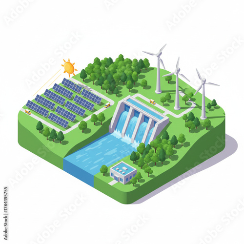 Hydropower dam and solar energy panels working together in a green landscape.