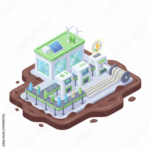 Modern eco-friendly power plant with solar panels and wind turbines generating clean energy.