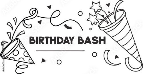Dynamic birthday bash celebration with confetti cannons and festive stars, perfect for party invitations and decorations