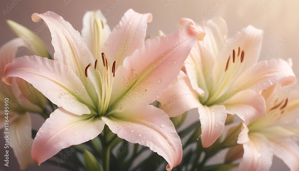 Fototapeta premium Delicate pink and white lilies in soft light