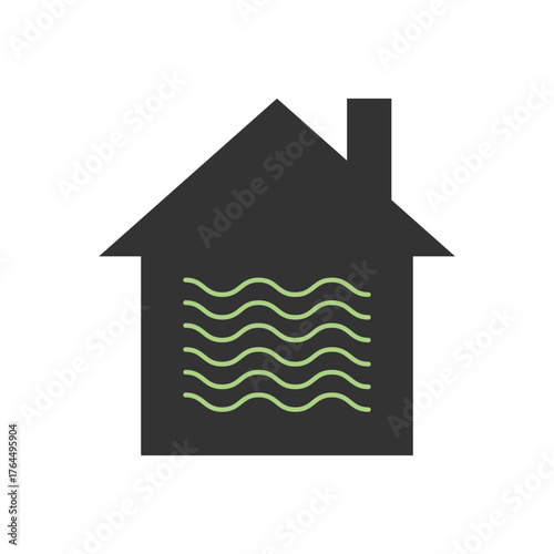 Eco house icon with wave lines representing sustainable water usage and green home energy solutions. Green Energy Illustration.