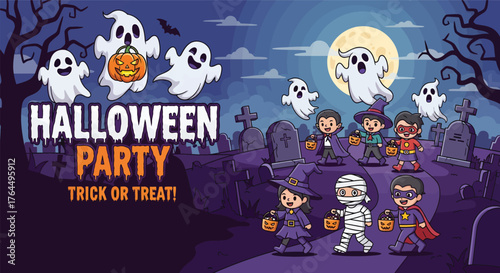 Cartoon halloween party scene with ghosts, children in costumes, and tombstones at night time