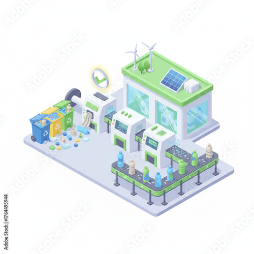 Modern renewable energy factory with solar panels and wind turbines generating sustainable electricity.