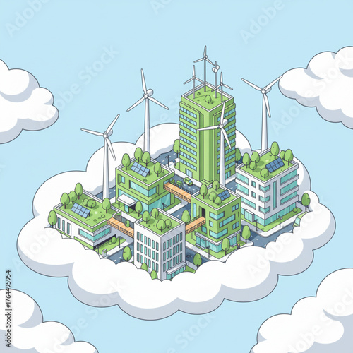 Futuristic eco city with tall green buildings, wind turbines, and clean renewable energy sources.