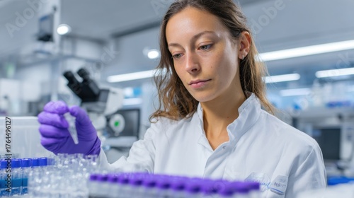 Scientist in lab coat examining smart fabric samples that selfclean highlighting innovative textile technology in modern material development.