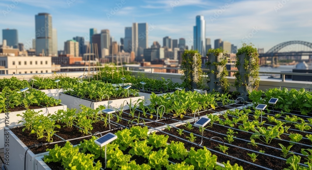 Obraz premium Rooftop Garden with Automated Watering System and Solar-Powered Sensor