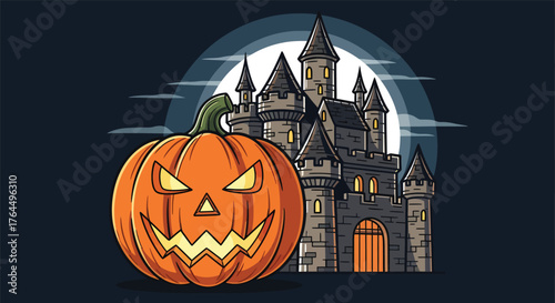 Jack o lantern with a spooky castle in the background during a halloween night scene illustration