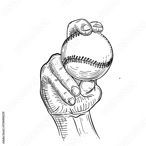 Hand holding baseball ball vector line art hand drawn illustration 