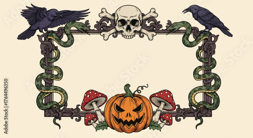 A decorative frame with ravens snakes skull pumpkin and mushrooms for halloween illustration art