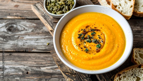 Creamy orange soup in bowl, pumpkin seeds, bread slices on rustic wood