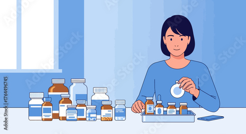 Woman carefully examines pills and medications on the table.