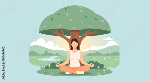 Woman Meditating Under a Tree in Nature.
