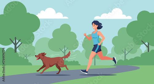 Woman jogging with dog in park during sunny day.