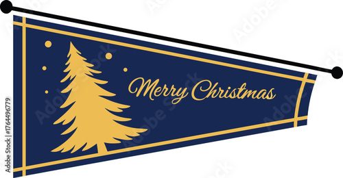 Elegant navy and gold banner with festive Christmas tree and 'Merry Christmas' greeting, perfect for holiday promotions and seasonal decor