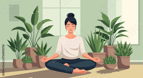 Woman Meditating Among Plants in Serene Indoor Setting.