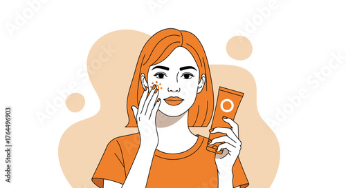A young woman with orange hair applying cosmetic cream to her face.
