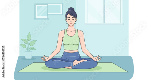 Young woman meditating in lotus pose for inner peace and mindfulness.