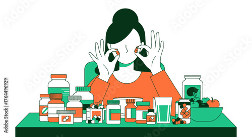 Woman surrounded by supplements and vitamins making ok sign.