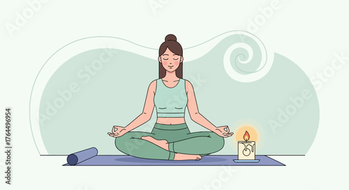 Woman Meditating Peacefully in Lotus Pose with Candle Light.