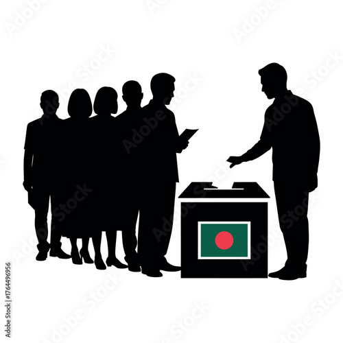 Black silhouette of a small group of people queuing to vote isolated on white background