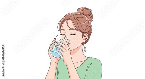 Young woman with hair in a bun drinking a glass of water.