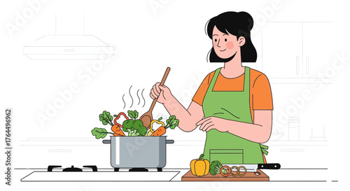 Woman cooking healthy food in a kitchen with fresh vegetables.