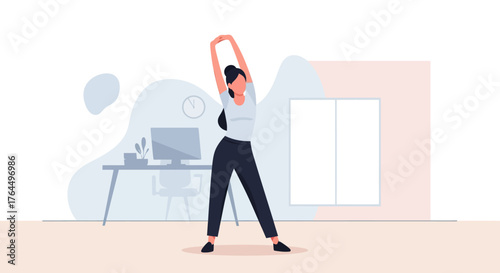 Woman stretching arms overhead in a home office setting.