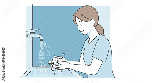 Woman washing hands thoroughly under running water in a sink.