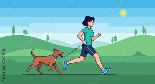 Woman Jogging with Dog in Nature on Sunny Day.