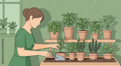 Woman tending to potted plants in a home garden setting.