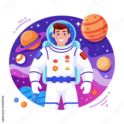 A flat style illustration showing an astronaut