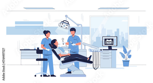 Dentist and assistant performing dental examination on patient.