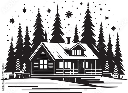 Winter Cabin in Pine Forest Vector silhouette Illustration