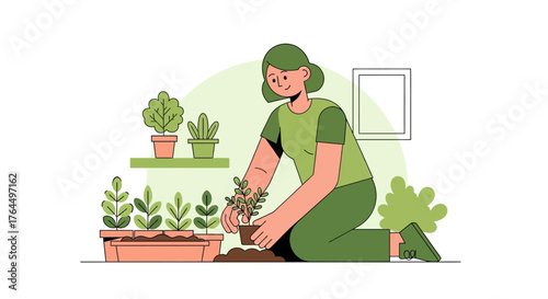 Woman tending to plants in a garden, planting a new seedling.