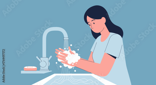 Woman washing hands with soap and water at a sink.