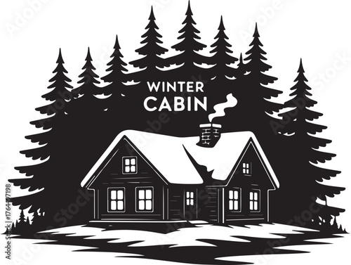 Winter Cabin in Pine Forest Vector silhouette Illustration