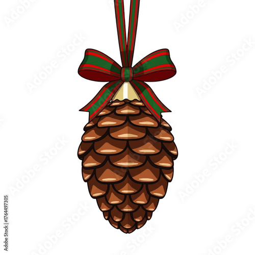 Illustration of a brown pinecone ornament with a red and green striped ribbon tied in a bow against a white background.