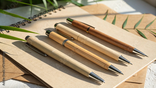 Elegant collection of wooden pens and notebook on a table with natural light and foliage