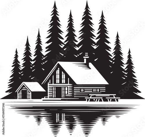 Winter Cabin in Pine Forest Vector silhouette Illustration
