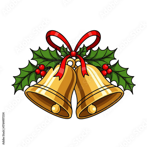 Illustration of golden Christmas bells with red ribbon and holly on white background
