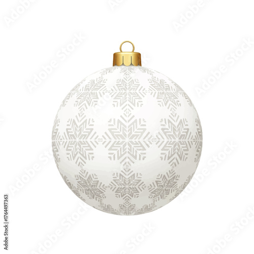 Large white Christmas ornament with silver snowflakes and gold cap on a plain white background.