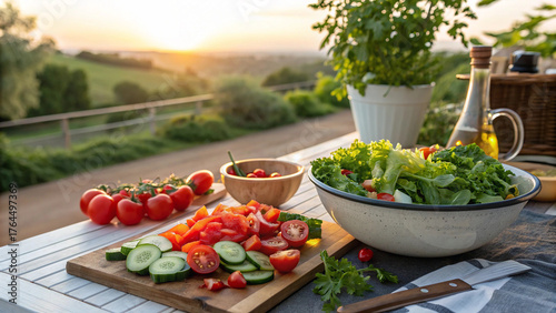 Healthy salad with fresh vegetables on a wooden table with a beautiful sunset in the background