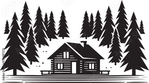Winter Cabin in Pine Forest Vector silhouette Illustration