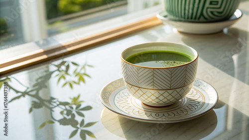 Aromatic matcha tea in a ceramic cup on a table near a window with natural light