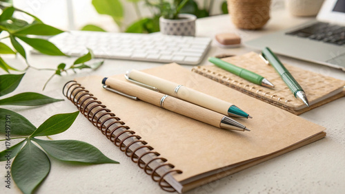 Ecofriendly workspace with laptop, notebooks, pens and plants on a bright desk