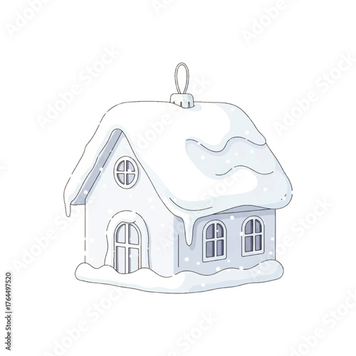 A whimsical illustration of a snow-covered house ornament with a loop for hanging, featuring a gabled roof and windows on a plain white background.