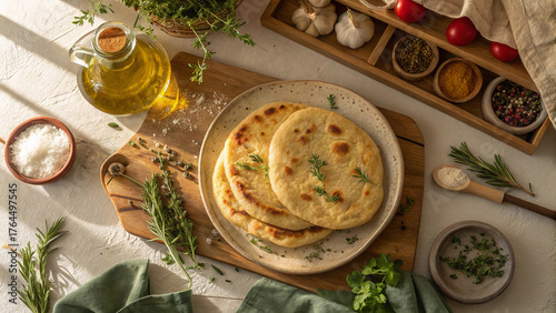 Overhead shot of homemade naan bread on plate with herbs and spices on a wooden board