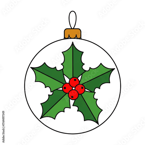 Illustration of a Christmas ornament with holly leaves and red berries on a white background.